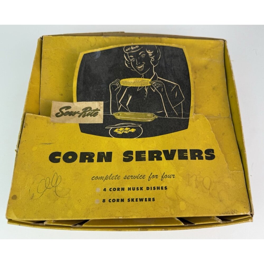 1950's Vintage SERV-RITE CORN SERVERS Set  4 Dishes, 17 Skewers, Salt Pepper USA